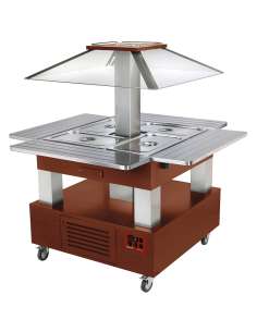 Ilot buffet chauffant, bain marie, coupole motorisé, 4x GN1/1-150 (Bois Foncé)