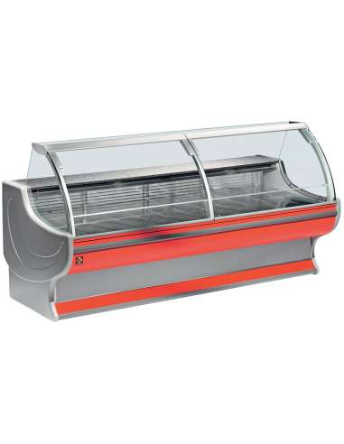 Comptoir vitrine réfrigéré à vitre bombée , ventilé, avec réserve