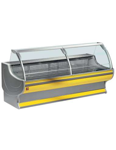 Comptoir vitrine réfrigéré à vitre bombée , ventilé, avec réserve