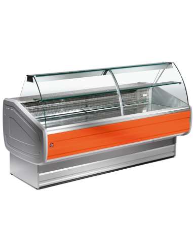 Comptoir vitrine réfrigéré à vitre bombée, ventilé, avec réserve
