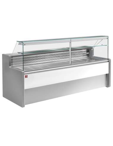 Comptoir vitrine réfrigéré à vitre droite 90°, avec réserve - GRIS/BLANC