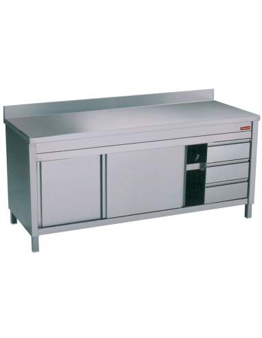 Table sur armoire neutre et 3 tiroirs à droite