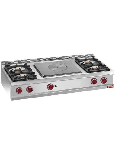 Cuisinière 4 feux vifs, plaque coup de feu centrale gaz -Top-