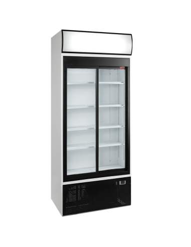 Vitrine T° positive, ventilée, 760 Lt., 2 portes coulissantes, avec caisson lumineux