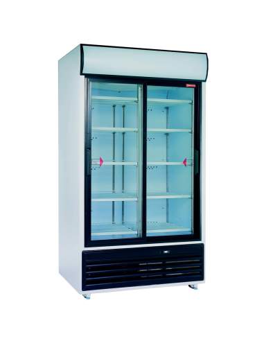 Vitrine à boissons double portes coulissantes, 857 litres, avec caisson lumineux.