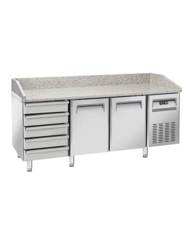 Table frigo pizzeria, 2 portes EN 600x400, 5 tiroirs neutres EN 600x400, sur roues, 2 avec freins