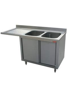 Plonge 2 cuves 500x500x325 égouttoir gauche sur armoire 2 portes coulissantes et espace lave vaisselle