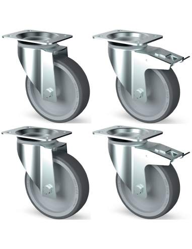 Kit 4 roues inox, pivotantes, 2x freins