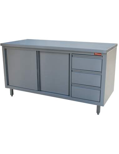 Table sur armoire neutre et 3 tiroirs à droite
