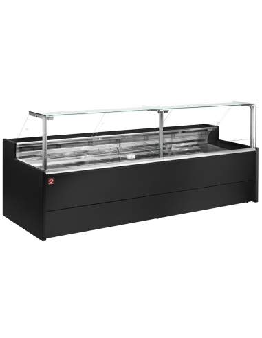 Comptoir vitrine réfrigéré à vitre droite 90° sur pistons, ventilé, avec réserve - NOIR