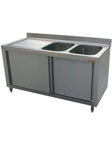 Plonge 2 cuves 400x500x275 égouttoir gauche sur armoire 2 portes coulissantes