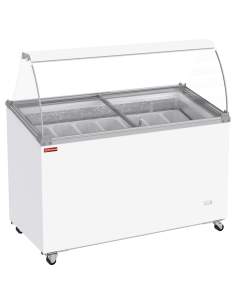 Conservateur comptoir à glaces, 381 litres, couvercles coulissants sur roulettes avec vitres bombées , capacité 7 bacs 