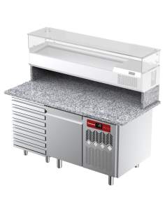 Table frigorifique, ventilée, pour pizza 1 porte et 7 tiroirs et plan de travail en granit  