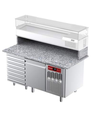 Table frigorifique, ventilée, pour pizza 1 porte et 7 tiroirs et plan de travail en granit  