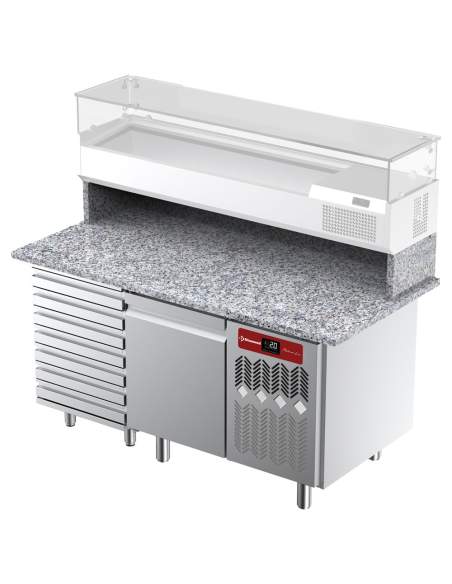 Table frigorifique, ventilée, pour pizza 1 porte et 7 tiroirs et plan de travail en granit  