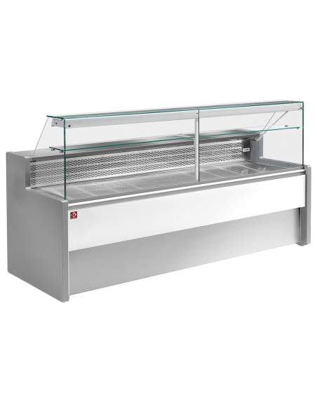 Comptoir vitrine réfrigéré à vitre droite 90°, avec réserve - GRIS/BLANC