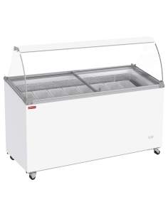 Conservateur comptoir à glaces, 467 litres, couvercles coulissants sur roulettes avec vitres bombées , capacité 8 bacs 