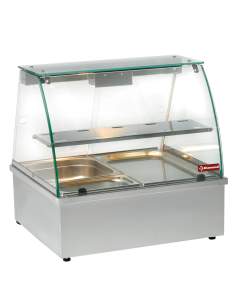 Vitrine chauffante, bain-marie 2x GN 1/1, panoramique + Meuble inox support vitrine