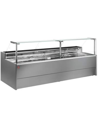Comptoir vitrine réfrigéré à vitre droite 90° sur pistons, ventilé, avec réserve - GRIS