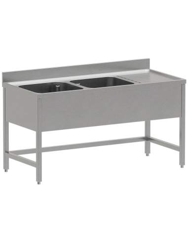 Plonge inox ECO 2 cuves égouttoir droite, sans sous-tablette inférieure