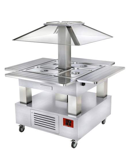 Ilot buffet chauffant, bain marie, 4x GN1/1-150 (Bois Blanc)