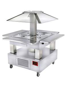 Ilot buffet chauffant, bain marie, coupole motorisé, 4x GN1/1-150 (Bois Blanc)