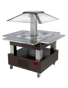 Ilot buffet chauffant, bain marie, coupole motorisé, 4x GN1/1-150 (Bois Wengé)