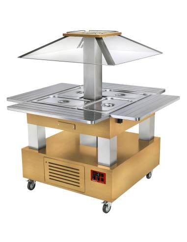 Ilot buffet - Salad bar, réfrigéré, coupole motorisé, 4x GN1/1-150 (Bois Chêne clair)