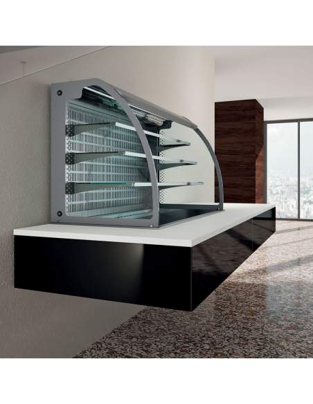 Mural avec cuve et vitrine sur 3 niveaux ouverte (avec rideau), réfrigérées, ventilées, 4x GN 1/1