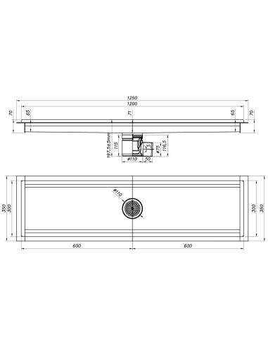Caniveau de sol inox 1200x300, sortie horizontale