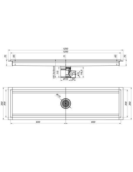 Caniveau de sol inox 1200x300, sortie horizontale