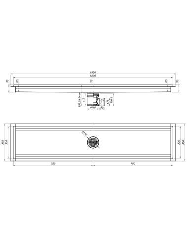 Caniveau de sol inox 1500x300, sortie horizontale