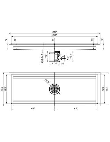 Caniveau de sol inox 900x300, sortie horizontale