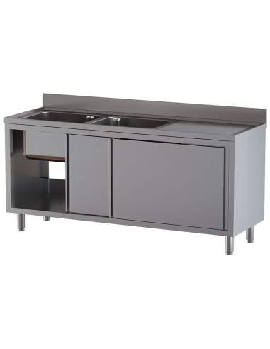 Plonge 2 cuves 500x500x300, égouttoir droit, sur armoire 2 portes coulissantes
