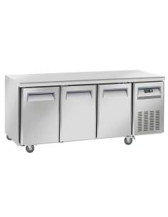 Table frigorifique, ventilé, 3 portes GN 1/1, sur roues, 2 avec freins
