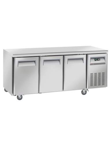 Table frigorifique, ventilé, 3 portes GN 1/1, sur roues, 2 avec freins