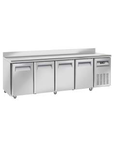 Table frigorifique, ventilé, 4 portes GN 1/1, avec dosseret, sur roues, 2 avec freins