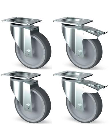 Kit 4 roues inox, pivotantes, 2x freins