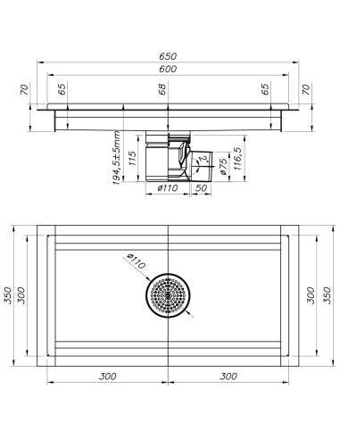 Caniveau de sol inox 600x300, sortie horizontale