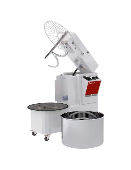 Pétrin à spirale 42 Litres tête relevable, cuve amovible, 2 vitesses, timer, sur roues