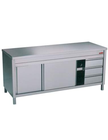 Table sur armoire neutre et 3 tiroirs à droite