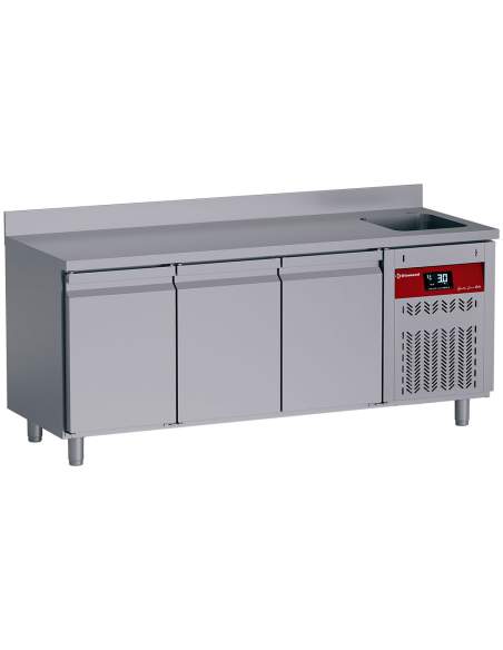 Table frigorifique "murale" ventilée, 3 portes GN 1/1, 405 Lit. avec évier