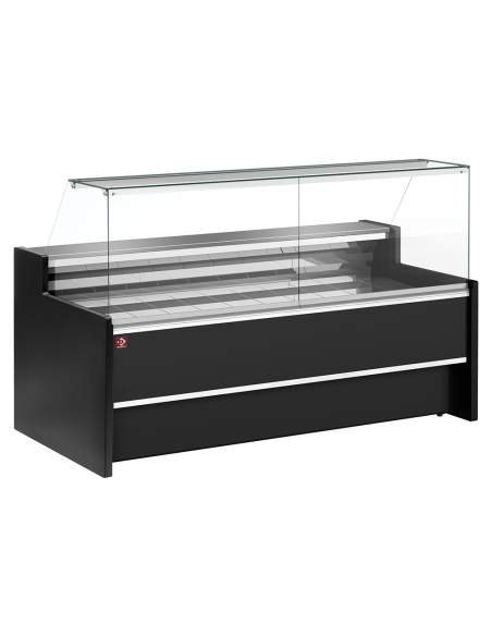 Comptoir vitrine réfrigéré à vitre droite 90°, ventilé, avec réserve - NOIR