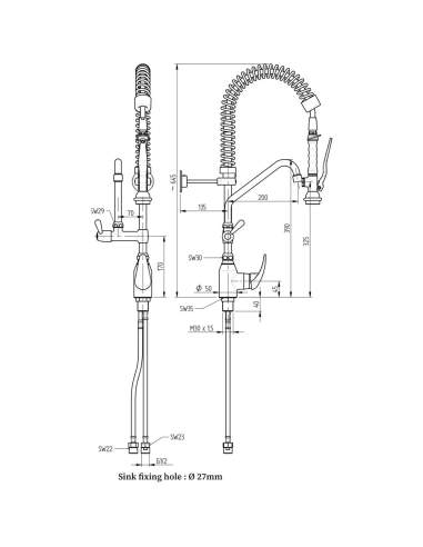 Douchette acier inox et robinet avec groupe mitigeur monocommande (Sortie MONO)