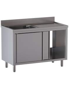 Plonge 1 cuve 600x500x300, égouttoir droit, sur armoire 2 portes coulissantes