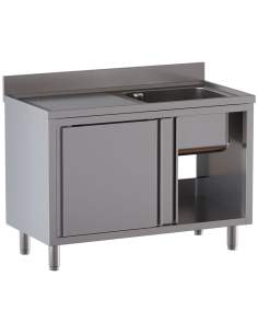 Plonge 1 cuve 600x500x300, égouttoir gauche, sur armoire 2 portes coulissantes